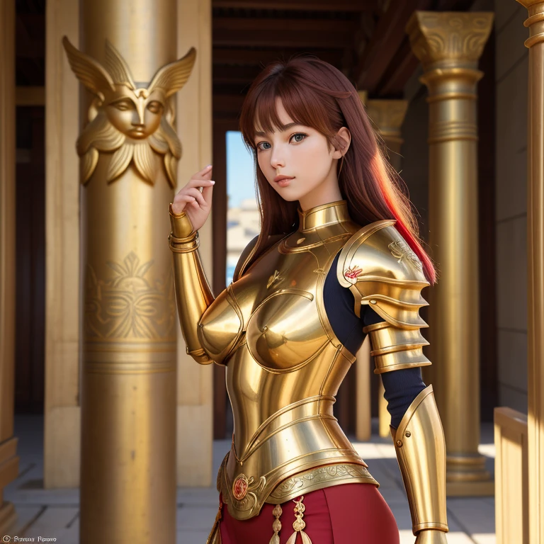 une femme, 25 ans, manga, cheveux longs, cheveux multicolores, high level of detail, saint seiya, armure rouge, bronze armor, red armor, signes du zodiaque, Grèce antique, Dans un temple antique, armure du zodiac, zodiac cloth, Carved