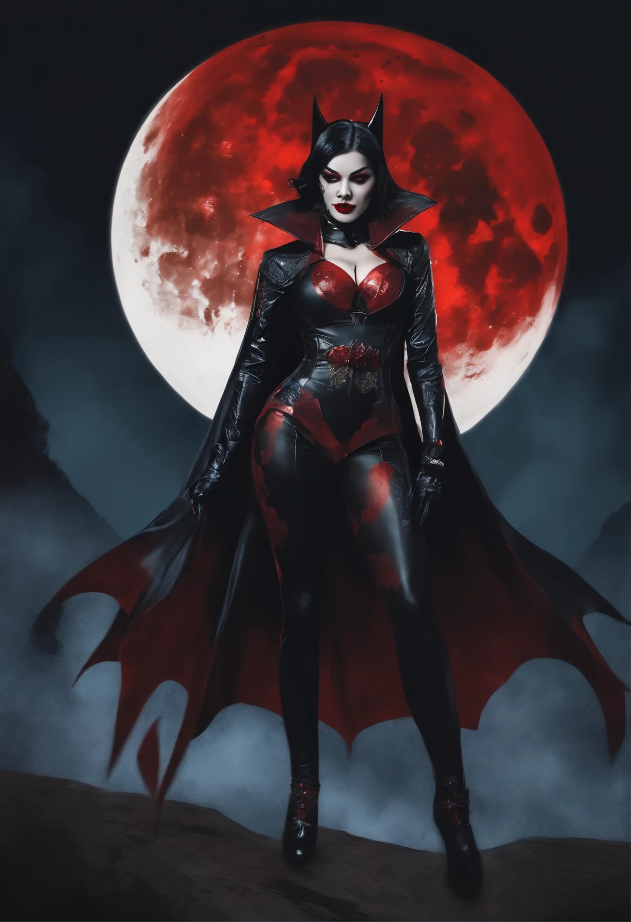 Woman, white skin, green eyes, black hair, wavy hair, straight hair, bangs, long hair, windy hair, cemetery at night, nigth, blood in the mouth, red bodysuit, red boots, with large bat wings on the back, terror , deep neckline, pronounced nipples, smiling, looking at the camera, red lips, athletic, bats in the sky, terrifying atmosphere, frontal shot.