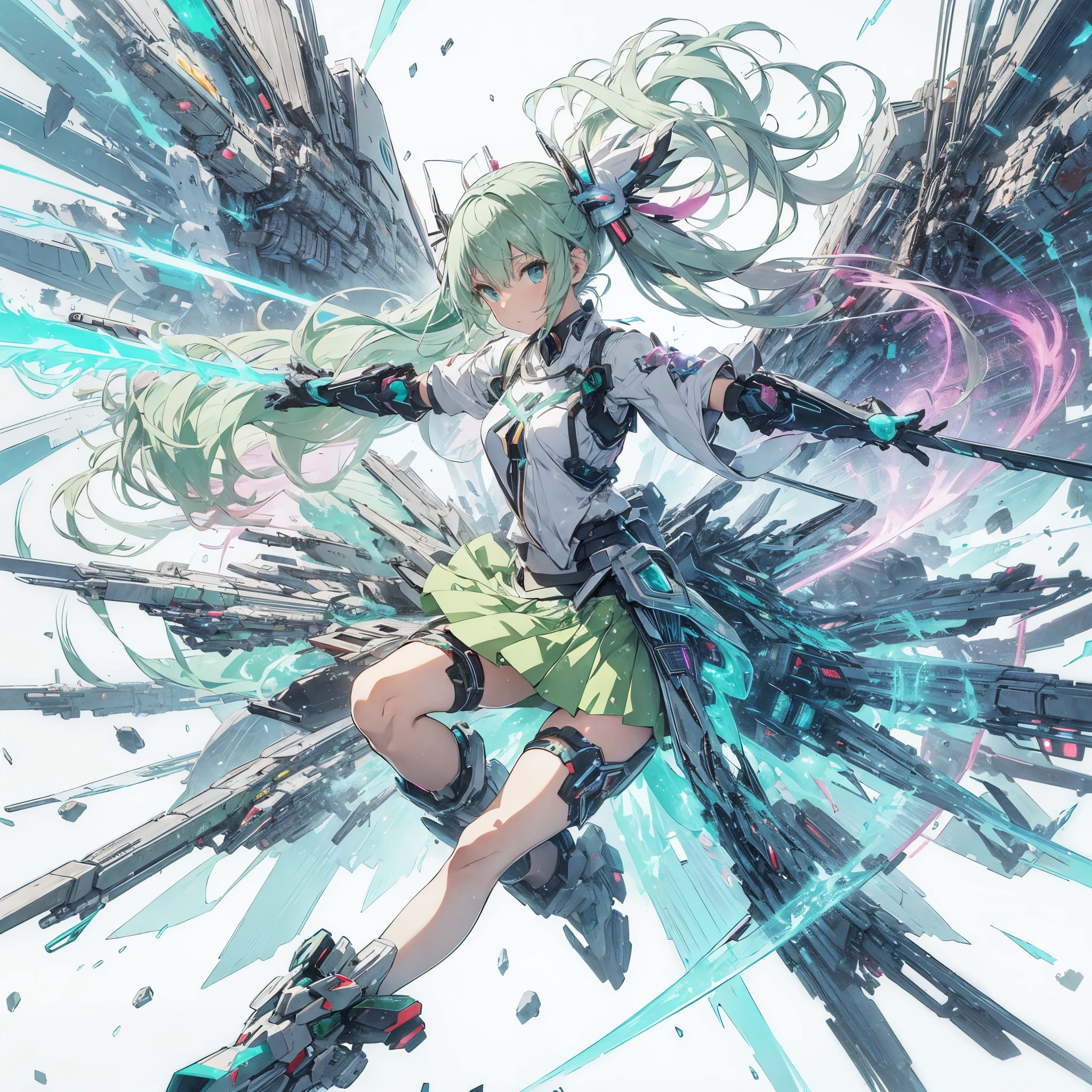Anime style illustration of a girl with pastel green hair in aerial beam sword action. Made by FuturEvoLab, (X-ray style: 1.5), Detailed explanation, (Mecha flare type skirt: 1.5), This is a scene where a girl captures her movements. Aerial battles and performances that are dynamically composed of movement and intensity. Mechanical wings, futuristic mechs, extradimensional cyberpunk, glowing core reactors, etheric energy fields, bright colors, intricate details, movies