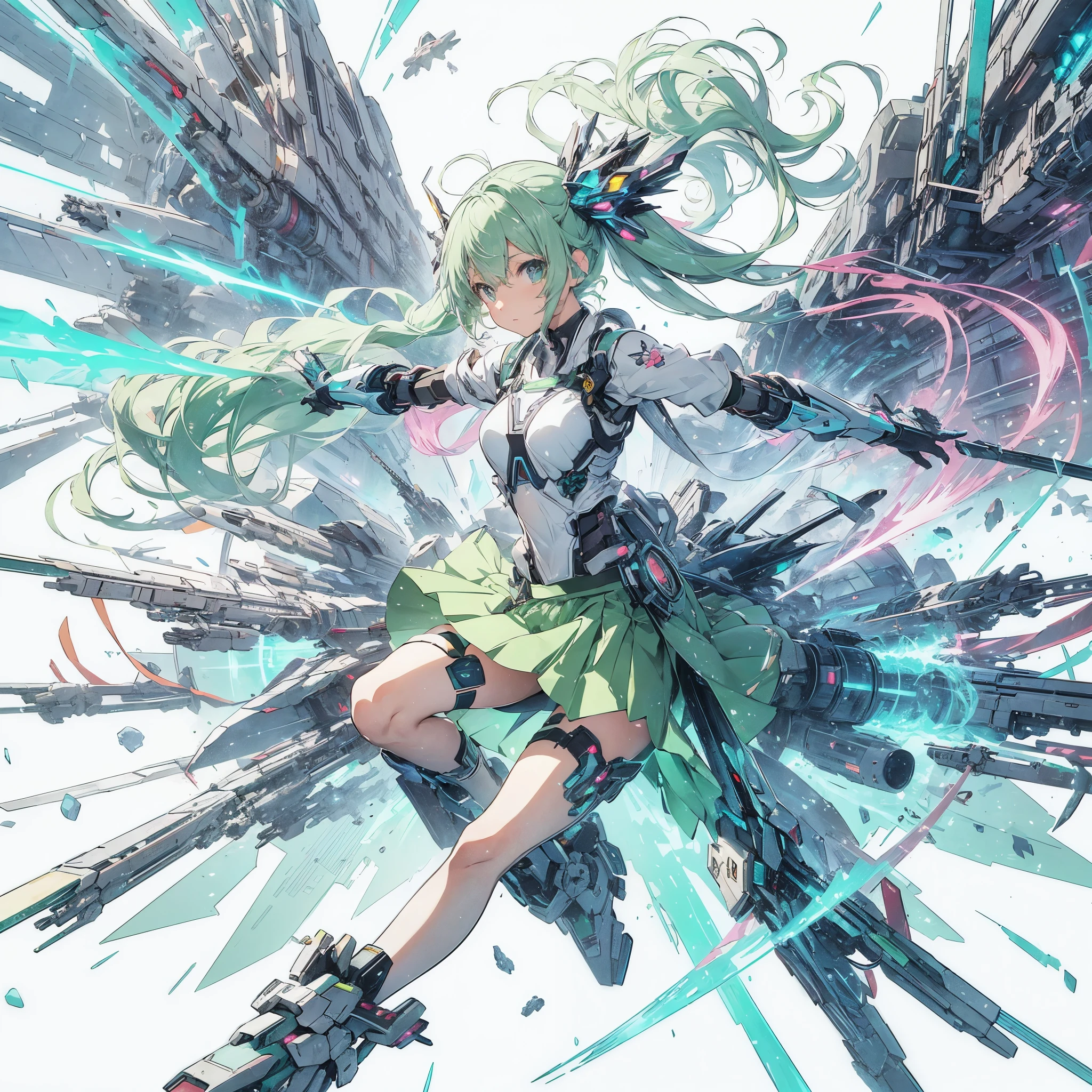 Anime style illustration of a girl with pastel green hair in aerial beam sword action. Made by FuturEvoLab, (X-ray style: 1.5), Detailed explanation, (Mecha flare type skirt: 1.5), This is a scene where a girl captures her movements. Aerial battles and performances that are dynamically composed of movement and intensity. Mechanical wings, futuristic mechs, extradimensional cyberpunk, glowing core reactors, etheric energy fields, bright colors, intricate details, movies