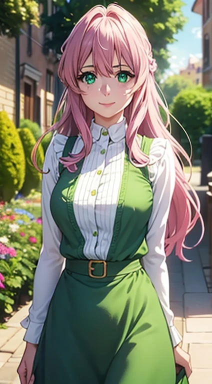 Cute Italian girl, big breasts , Italian lady, Model, long open hair, hair floating, green color full sleeve clothes, white apron, green eyes and pink hair, short skirt, ultra realistic eyes , sunlight and garden background, bright purple eyes, ultra realistic detailed eyes, innocent eyes, looking at camera, beautiful smile, beautiful face ,pink color hair