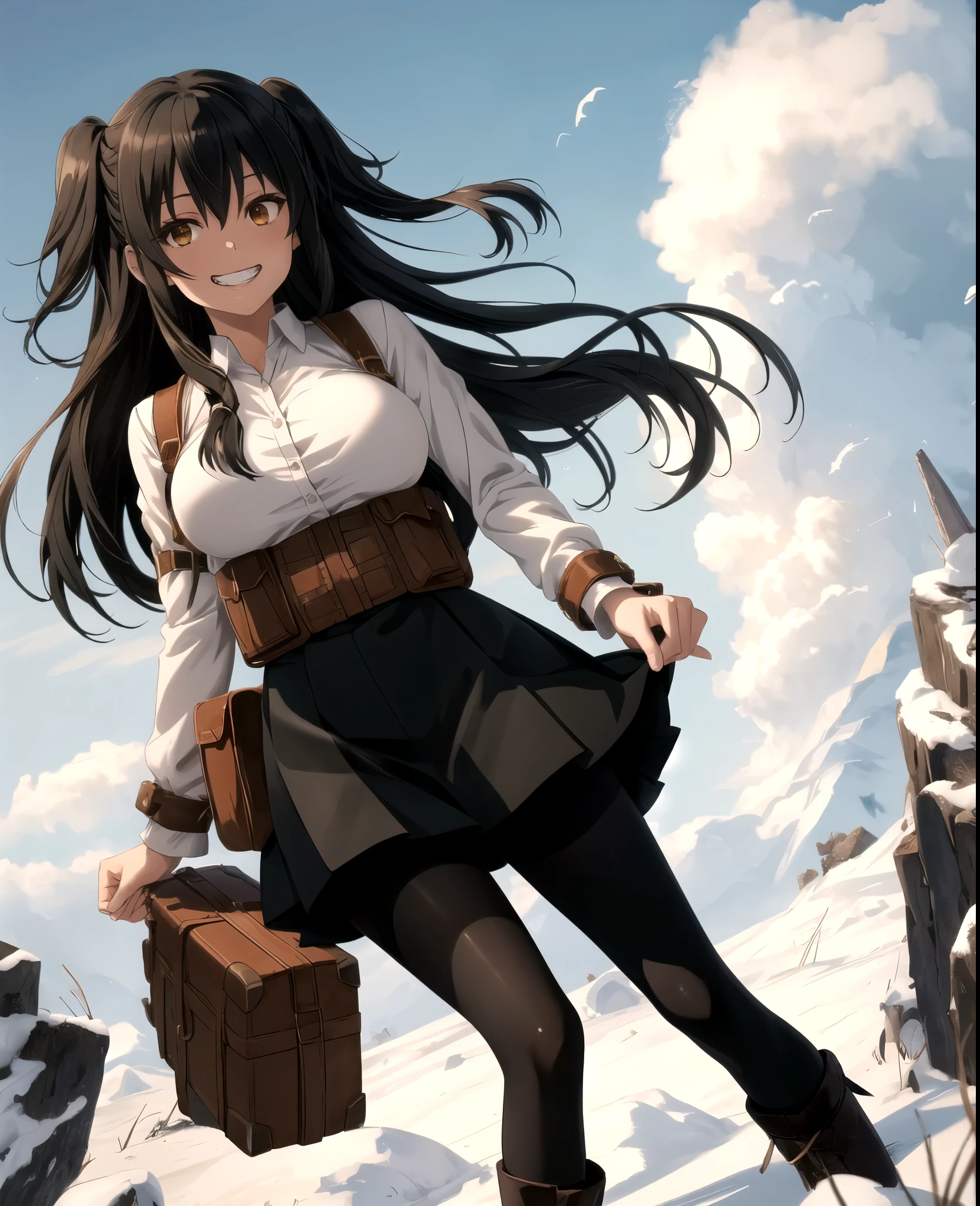 grin,, rakko yumiya, 1girl, solo, long hair, breasts, looking at viewer, smile, bangs, skirt, large breasts, shirt, black hair, long sleeves,  HDR.  black skirt, two side up, black pantyhose, brown footwear, 