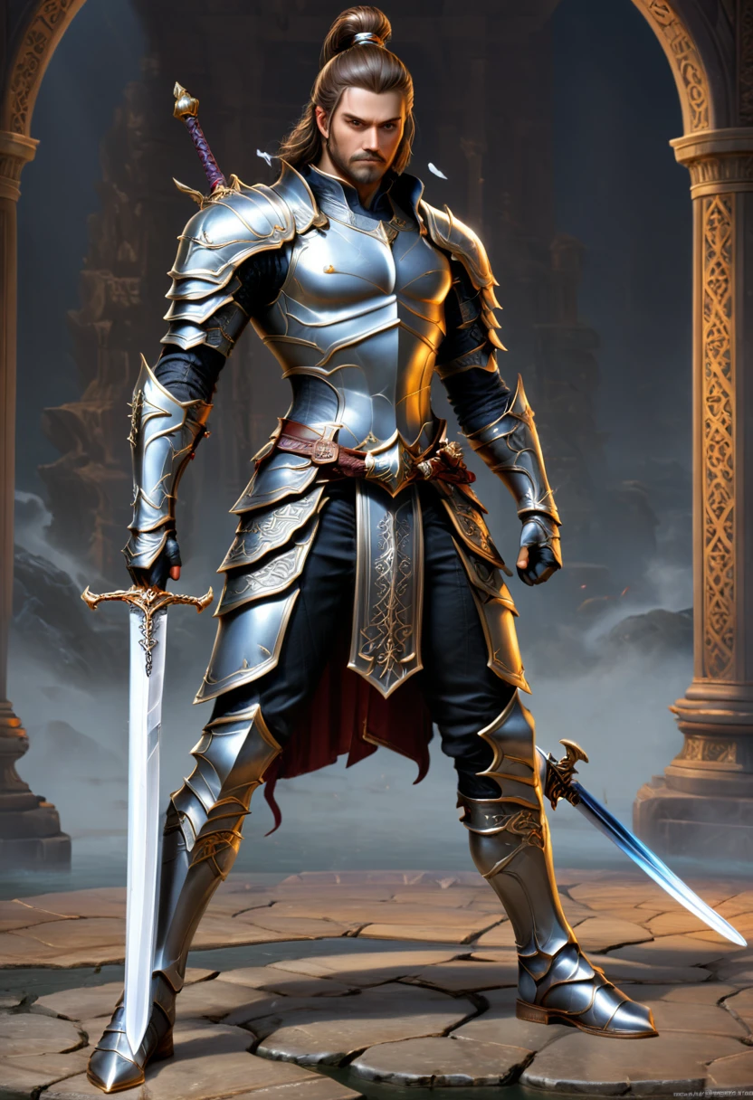 Sworasman, with sword, poised stance, poised demeanor, poised expression, confident stance, detailed background, (masterpiece, best quality, Professional, perfect composition, very aesthetic, absurdres, ultra-detailed, intricate details:1.3)