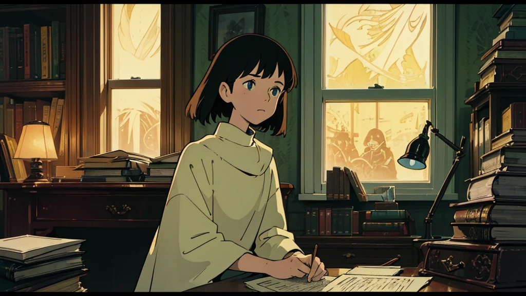 A girl, ensconced in a cozy corner with a jumble of books or documents scattered before her, is completely engrossed in profound study. The reassuring, yellow glow of a desk lamp enshrouds her, generating a peaceful ambiance that stands in stark contrast to the quietude of the tranquil night outside, visible through the window. In profile, her composed posture underscores her sophistication and allure, her tranquil countenance mirroring the intensity of her concentration. A subtle tilt of her head brings her inquisitive, deep-set eyes to scan the pages carefully, her nimble fingers deftly tracing the timeworn margins. The undisturbed