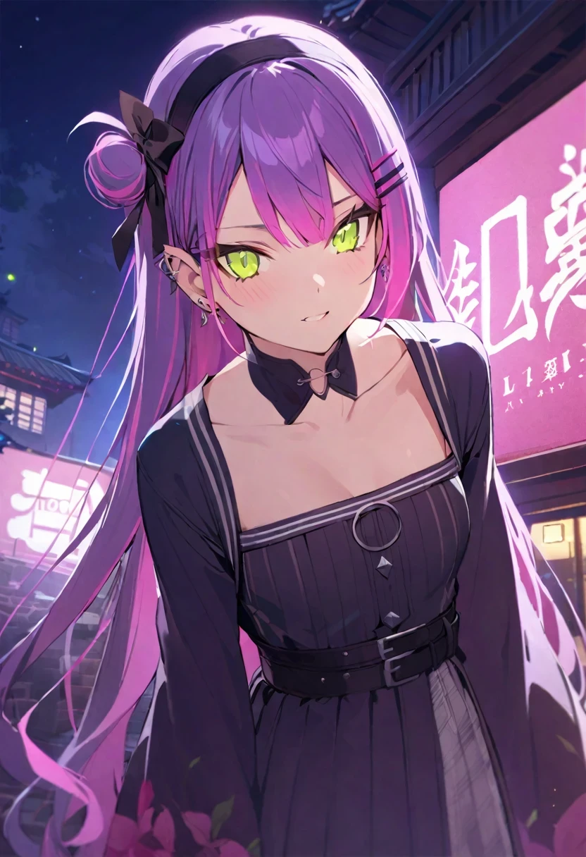 (Tokoyami Towa/(Hololive/):1.5),,(masterpiece:1.2),(best quality:1.2),, (1girl:1.3),(origin:1.5), Movie Light, Super High Resolution, Chinese painting, 1 girl, Solo, mid-chest, night, moon, city street, headdress, hair flower, Chinese art, Hanfu, branch, long hair, belt, upper body, Chinese clothing, jewelry, long sleeves, earrings, flower branch,