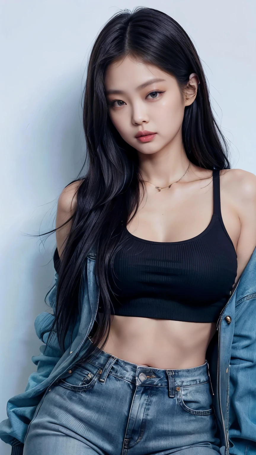 Kim Jennie, wearing a tight black croptop as the inside, wearing an open jeans jacket as outer, short black hot pant sexy pose, showing off the beauty of her body