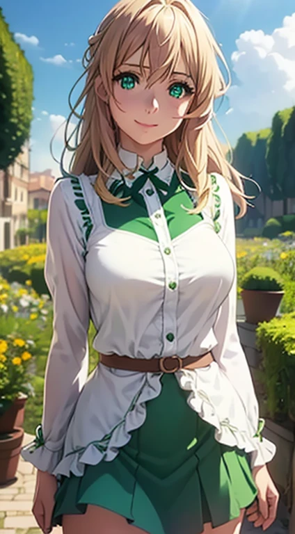 Cute Italian girl, big breasts , Italian lady, Model, long open hair, hair floating, green color full sleeve clothes, white apron, green eyes and yellow hair, short skirt, ultra realistic eyes , sunlight and garden background, bright purple eyes, ultra realistic detailed eyes, innocent eyes, looking at camera, beautiful smile, beautiful face ,uellow color hair