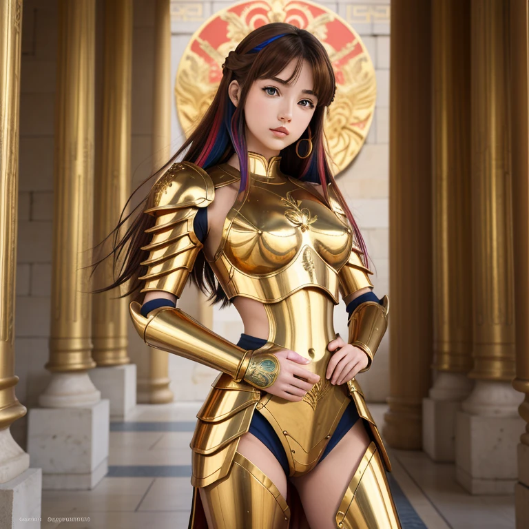 une femme, 25 ans, manga, cheveux longs, cheveux multicolores, high level of detail, saint seiya, armure multicolore, signes du zodiaque, Grèce antique, Dans un temple antique, armure du zodiac, zodiac cloth, Carved, signe zodiacal du scorpion
