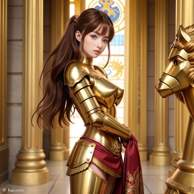 une femme, 25 ans, manga, cheveux longs, cheveux multicolores, high level of detail, saint seiya, armure rouge, bronze armor, red armor, signes du zodiaque, Grèce antique, Dans un temple antique, armure du zodiac, zodiac cloth, Carved