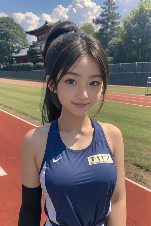 (Highest quality, Masterpiece), (Beautiful Japanese girl, ), (freckles:0.6), ponytail, smile, garden, Track and field athletes,big breasts,