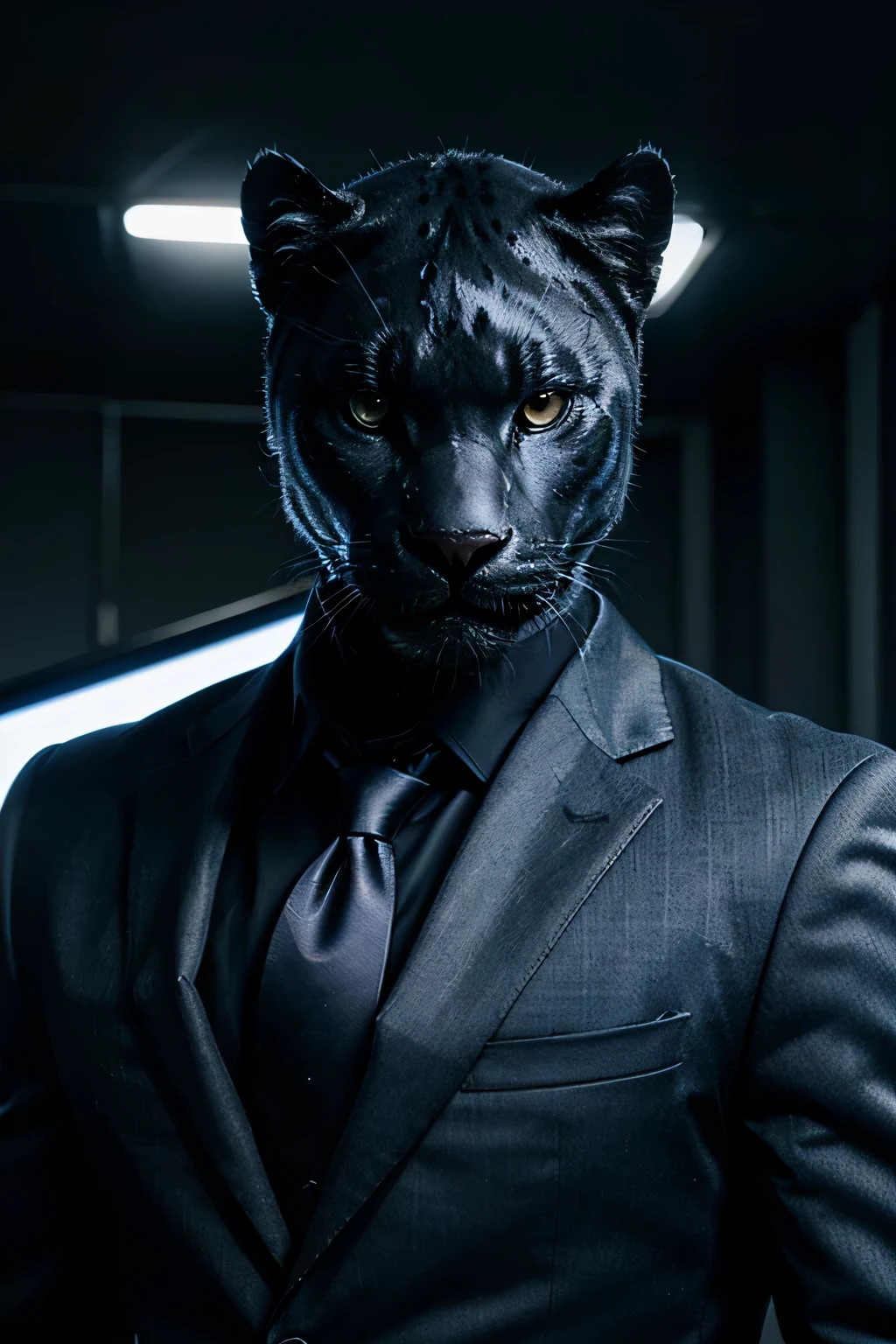 Generate an image of a panther in a suit by messing with a computer. Realistic and 4k image