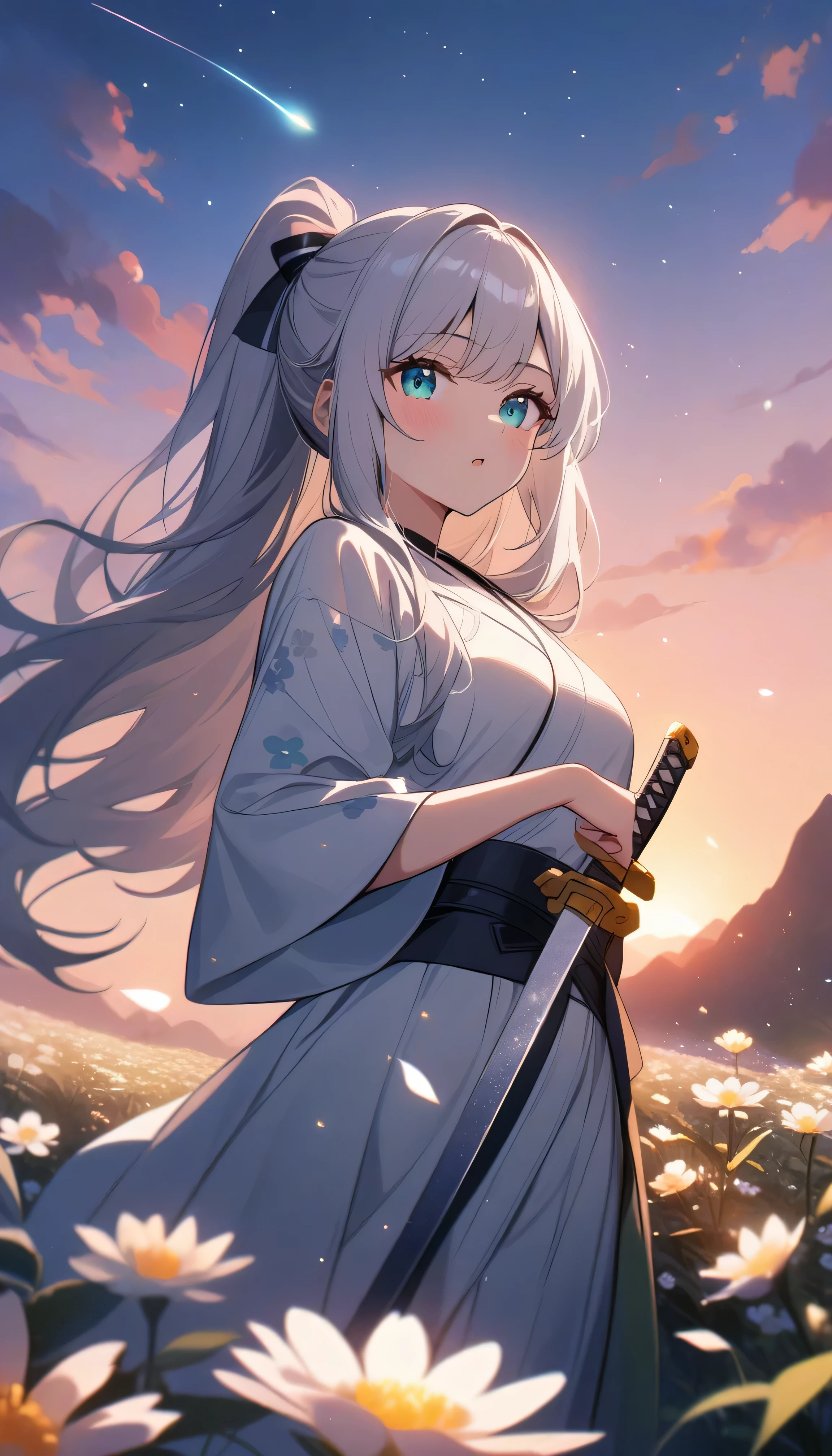 Resolution full, best quality, masterpiece, full HD, beautifull girl, foggy theme, super detailed, 1girl, cute girl, long hair, silver hair, pony tail hair. detailed beautiful aqua eyes, white kimono. holding glowing katana. from below, focus at girl. Badass scene. in flower field. Mountains. Day sky, gradient sky, sunset. Shooting stars. bokeh. Particle bokeh. Depth of field.