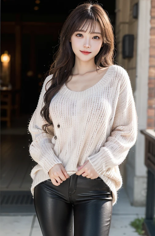 Winter scene、Snow Run、snowfall、((Oversized sweaters、leggins))、depth of fields,Real Light,Ray traching,OC Renderer,UE5 Renderer,Hyper-realistic,best qualtiy,8K,Works of masters,super-fine,Correct anatomy、Asian Women, (8K、RAW Photos、top-quality、masterpiece:1.2)、(realisitic、Photorealsitic:1.37)、Solo、1 girl、light brown hair、Detailed face、Detailed lips)、Smile, golden eyes