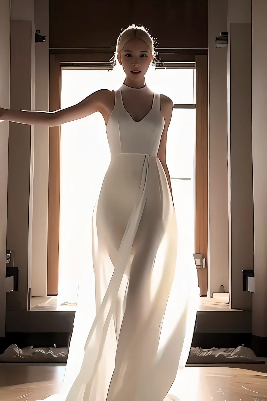 (masterpiece, best quality:1.2), 1girl, solo, delicate face, white-skinned female, blonde,long hair, see-through silhouette, white dress, full body, indoor, in churche