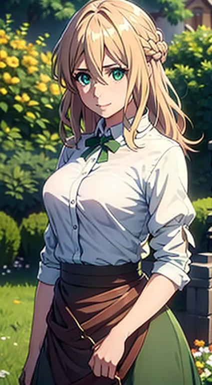 Cute Italian girl, big breasts , Italian lady, Model, long open hair, hair floating, green color full sleeve clothes, white apron, green eyes and yellow hair, short skirt, ultra realistic eyes , sunlight and garden background, bright purple eyes, ultra realistic detailed eyes, innocent eyes, looking at camera, beautiful smile, beautiful face ,uellow color hair
