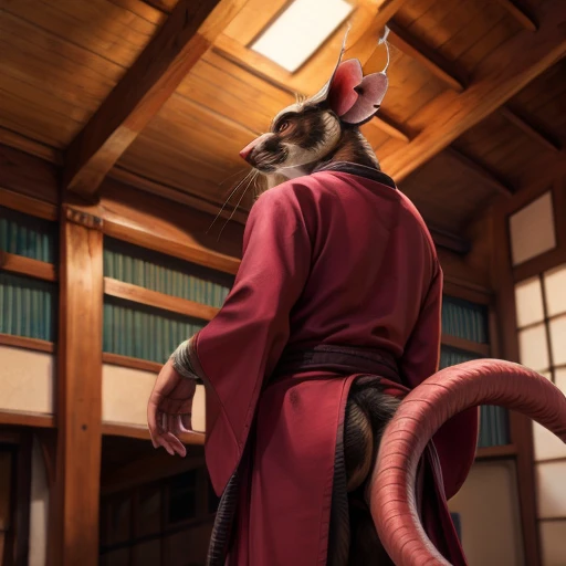 low-angle view,
standing, dojo, japanese temple, inside, clothed, kimono, red kimono, rat tail, red eyes, goatee, brown body, white fur, black fur, bandages, safe,
(master splinter:1.2), rear view, massive cum filled butt, flaccid massive penis, juicy balls, solo, topwear, no bottomwear,
BREAK,
by bruteandbrawn, by personalami, by kenket, (intricate, high detail, film photography, soft focus, RAW candid cinema,
photorealism, realistic, photorealistic, analog style, subsurface scattering,
masterpiece, best quality, ultra realistic, 8k)