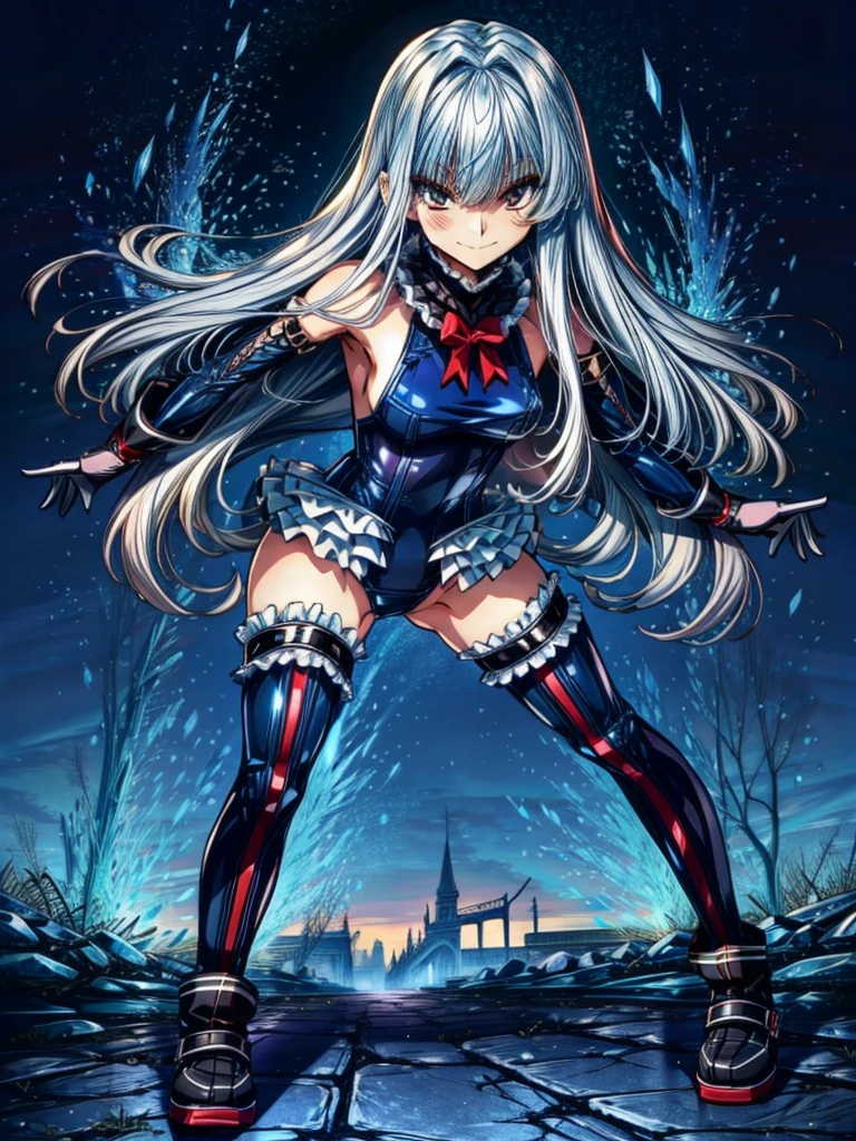 ultra-detailed, Explicit, Beautiful body, Beautiful Nose, Beautiful character design, perfect eyes, perfect face, ultra highres, 4K, beautiful legs, perfect legs, Nice hands, Perfect hand, Masterpiece, Best Quality, Highly detailed, illustration, absurdres, street fighter, doll suit, shadaloo doll, dollsuit, 1girl, Solo, expressionless, blank eyes, looking at viewer, red gloves, emotionless, black latex, corrution, mind control, female combatant, full body, hypnotized, unhappy trance, full body suit, ribbed bodysuit, both arms at side, stand up straight, obey, perfect female body, extremely glossy latex, hypnosis, hypnoLora, empty eyes, Mind control device, poses, brainwashed, submissive_pose, Slave, hat, necktie, stand up straight, standing, standing at attention, belt, latex, garter belt, thighhighs, garter belt, Fighting Stance, Pope Joan, Fate/Grand Order, grey hair, long hair, blue eyes, braided_hair_rings, very long hair, hair rings, church scene