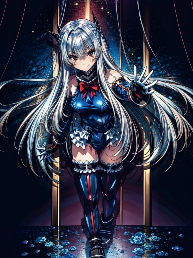 Perfect Anatomy, highest quality, rose,Wicked Smile,Provocative attitude
,(Torture chamber:1.1),Wicked Smile,Anime Style,(Frilled swimsuit, Knee socks, Removed sleeve), (Anime Style:1.4) ,
Silver Hair,(White fingers:1.1,Black gloves),Very long hair,evil aura,Rape Eye,Full body view