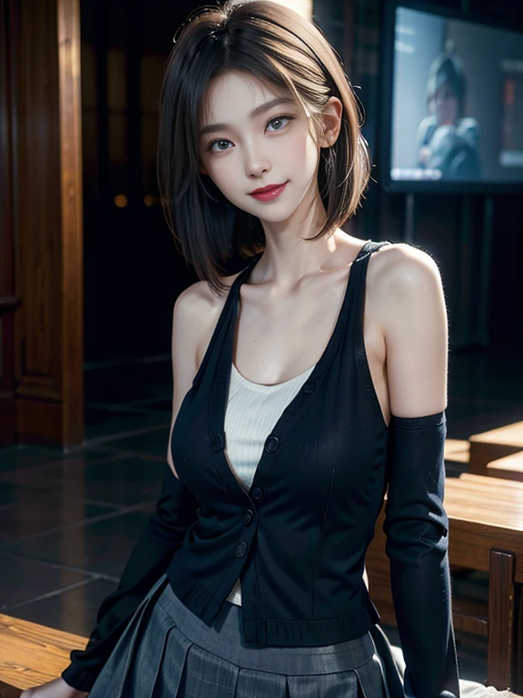 highest quality, masterpiece, Ultra-high resolution, (Realistic:1.4), RAW Photos,Cinema Lighting,1 girl,alone,20-year-old female,(Beautiful face in every detail:1.5),(Real Skin:1.5),thin,thin脚,(Big eyes:1.5),(smile:1.3),(Short Bob:1.5),(suit,Midi Skirt:1.5),