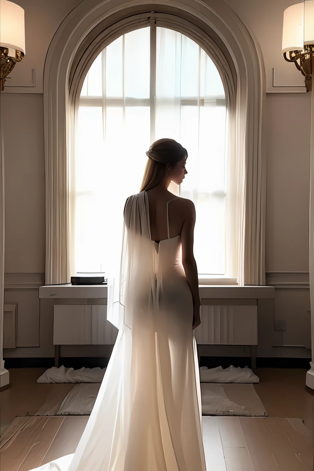 (masterpiece, best quality:1.2), 1girl, solo, delicate face, white-skinned female, blonde,long hair, see-through silhouette, white dress, full body, indoor, in churche, from behind, back