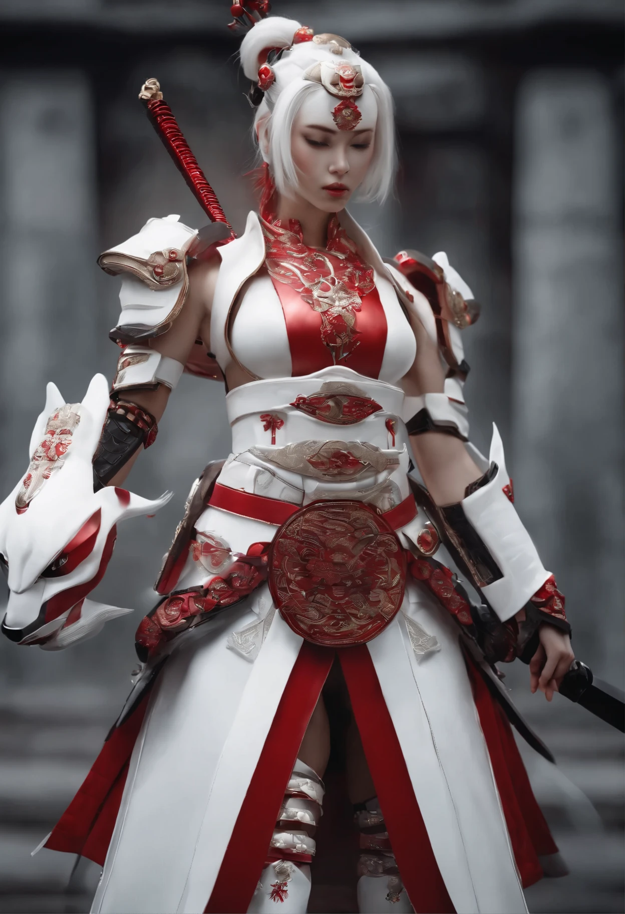 sexy android samurai girl, white plastic body with red ornament, aesthetic, high detailed image, full body image