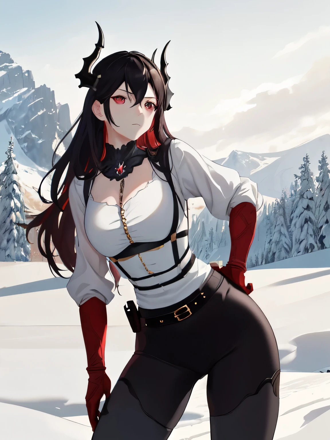 (Masterpiece, best quality), (highres, ultra-detailed), (absurdres, perfect anatomy), outdoors, snow, mountain, 1girl, solo, Caera, CCla, cowboy shot, standing, looking at viewer, single pauldron, underbust, collar, halterneck, white shirt, collared shirt, long sleeves, puffy sleeves,  harness, gloves, belt, black pants, strap, toned