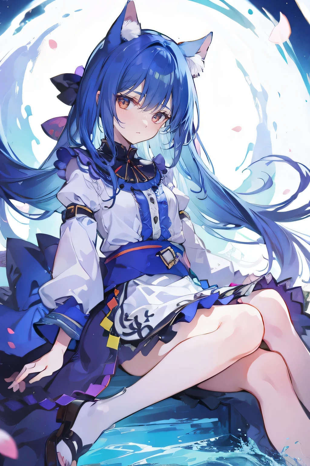(masterpiece:1.2),ultra-detailed,realistic,expressive eyes,fair-skinned,perfectly shaped face,1girl,
Japanese cartoons,Gorgeous blue hair, flowing blue hair,floating clothes,cat ears,petals falling,beautiful Lola,Hina Angel,
hands on waist,gracefully sitting on the ground,legs crossed,gentle and serene background,cool and comfortable pavilion.