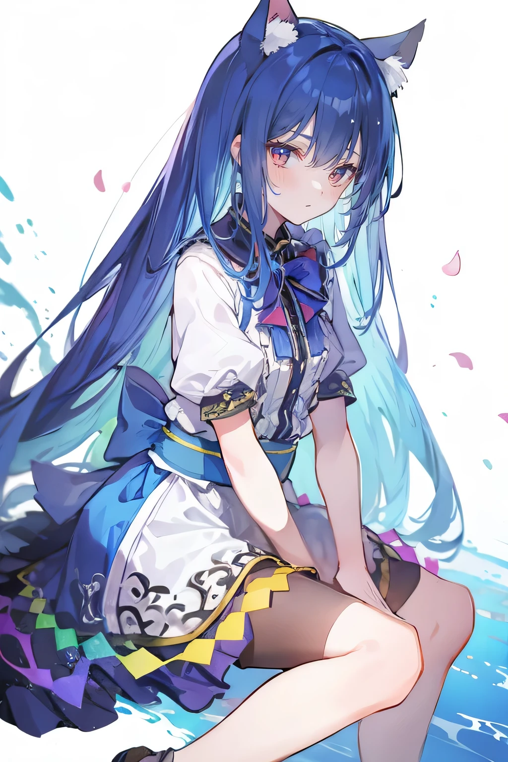 (masterpiece:1.2),ultra-detailed,realistic,expressive eyes,fair-skinned,perfectly shaped face,1girl,
Japanese cartoons,Gorgeous blue hair, flowing blue hair,floating clothes,cat ears,petals falling,beautiful Lola,Hina Angel,
hands on waist,gracefully sitting on the ground,legs crossed,gentle and serene background,cool and comfortable pavilion.