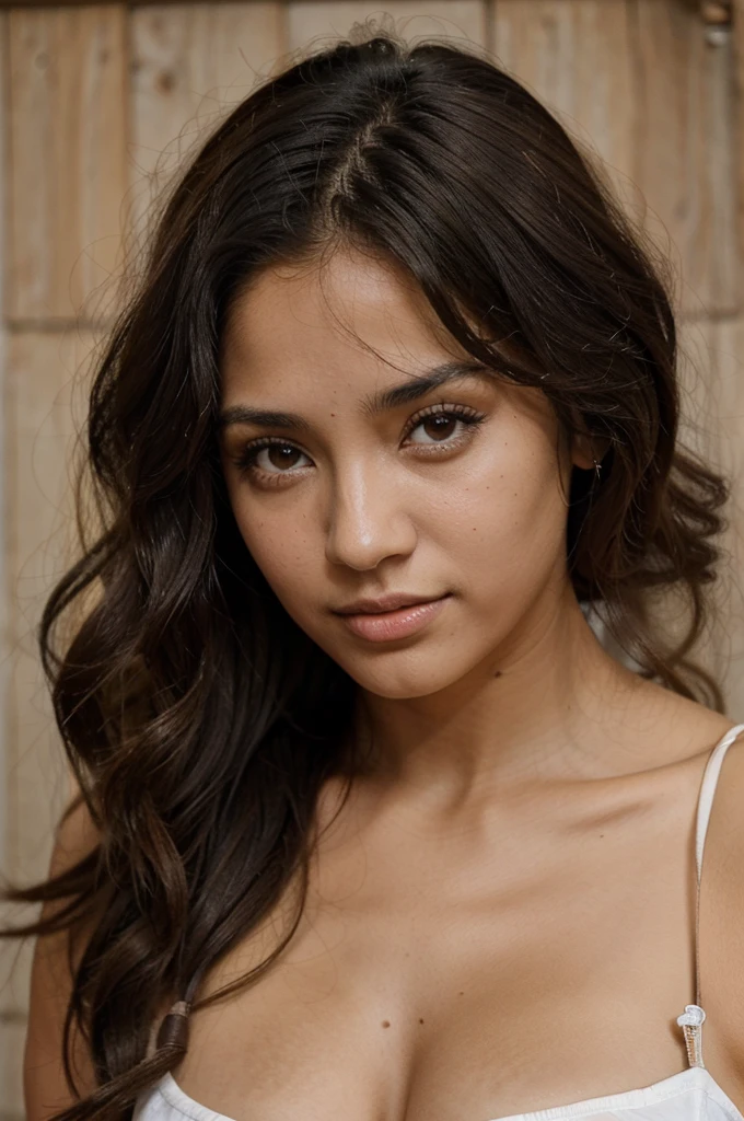 Chica joven de piel morena, con cabello crespo o afro. Sus rasgos son finos y delicados, con unos ojos almendrados. Sus labios, carnosos y sugerentes.