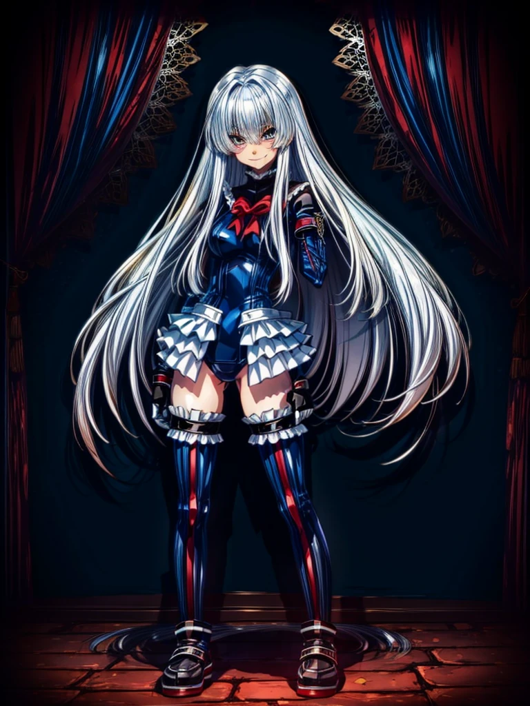 Perfect Anatomy, highest quality, rose,Wicked Smile,Provocative attitude
,(Dimly lit basement:1.1),Wicked Smile,Anime Style,(Frilled swimsuit, Knee socks, Removed sleeve), (Anime Style:1.4) ,
Silver Hair,(White fingers:1.1,Black gloves),Very long hair,evil aura,Rape Eye,Full body view