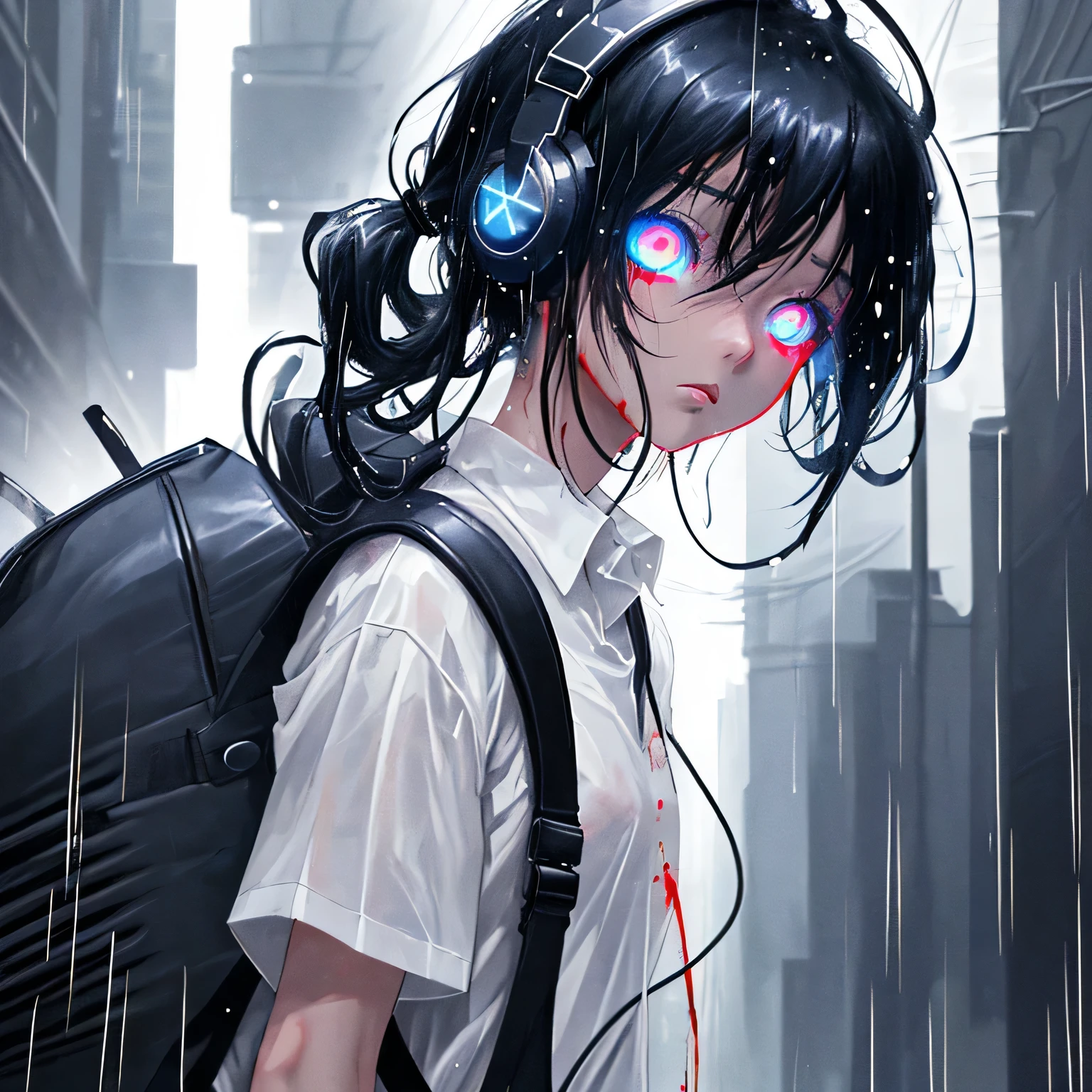 Black hair anime girl, cool white shirt, raining, dramatic light, headphones , black obvercoat, dark city background, backpack stained with blood, blue glowing eye
