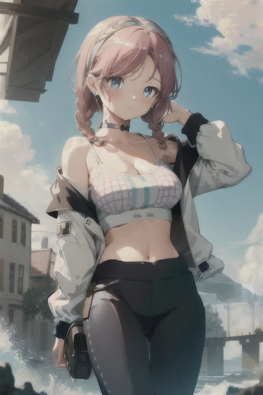 (((masterpiece))),((ultra-detailed)),(extremely detailed CG unity 8k wallpaper),high resolution, (extremely detailed illustration),
ShoalBeat, 1girl, breasts, blue poison \(shoal beat\) \(arknights\), solo, official alternate costume, pink choker, jacket, twin braids, braid, looking at viewer, navel, choker, holding, large breasts, open jacket, off shoulder, bare shoulders, bangs, jewelry, earrings, sports bra, stomach, long sleeves, pants, black pants, hairband, open clothes, white jacket, long hair, cleavage, leggings, collarbone, holding bottle, midriff, bottle, knee up, crop top, parted bangs, spaghetti strap, blush, hand up, standing, closed mouth, thighs, camisole, 
symbol-shaped eyes,