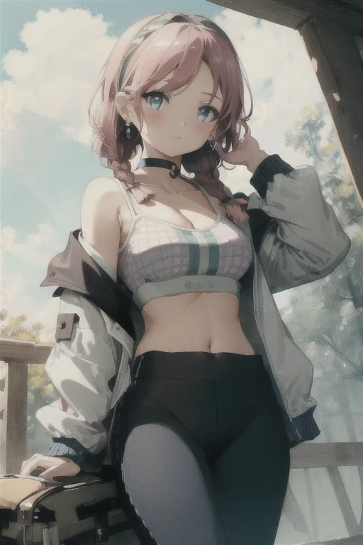 (((masterpiece))),((ultra-detailed)),(extremely detailed CG unity 8k wallpaper),high resolution, (extremely detailed illustration),
ShoalBeat, 1girl, breasts, blue poison \(shoal beat\) \(arknights\), solo, official alternate costume, pink choker, jacket, twin braids, braid, looking at viewer, navel, choker, holding, large breasts, open jacket, off shoulder, bare shoulders, bangs, jewelry, earrings, sports bra, stomach, long sleeves, pants, black pants, hairband, open clothes, white jacket, long hair, cleavage, leggings, collarbone, holding bottle, midriff, bottle, knee up, crop top, parted bangs, spaghetti strap, blush, hand up, standing, closed mouth, thighs, camisole, 
symbol-shaped eyes,