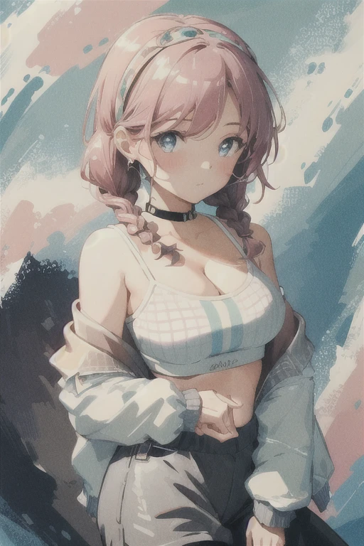 (((masterpiece))),((ultra-detailed)),(extremely detailed CG unity 8k wallpaper),high resolution, (extremely detailed illustration),
ShoalBeat, 1girl, breasts, blue poison \(shoal beat\) \(arknights\), solo, official alternate costume, pink choker, jacket, twin braids, braid, looking at viewer, navel, choker, holding, large breasts, open jacket, off shoulder, bare shoulders, bangs, jewelry, earrings, sports bra, stomach, long sleeves, pants, black pants, hairband, open clothes, white jacket, long hair, cleavage, leggings, collarbone, holding bottle, midriff, bottle, knee up, crop top, parted bangs, spaghetti strap, blush, hand up, standing, closed mouth, thighs, camisole, 
symbol-shaped eyes,