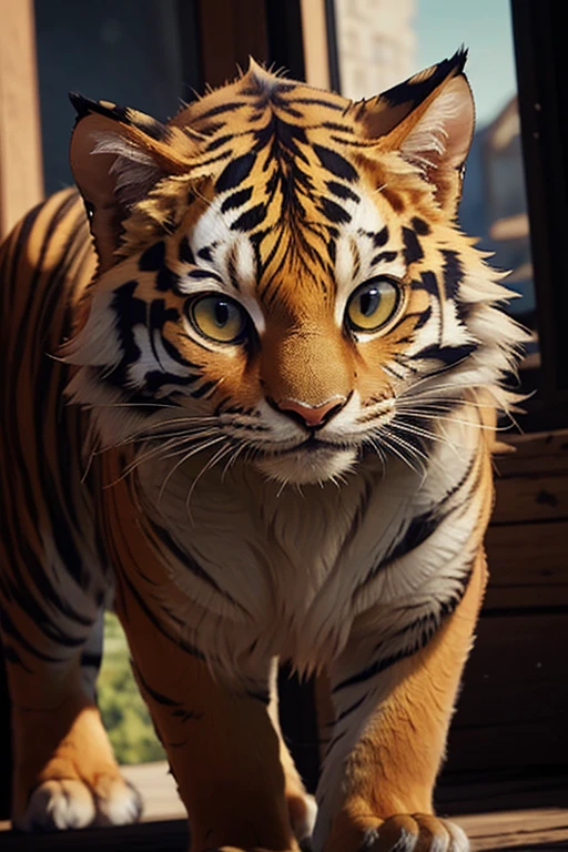 ((best quality)), ((masterpiece)), (detailed), perfect face,
(full body:1.3), 
Photo of National Geographic, 
1 cute fluffy for hybrid of tiger and kitten, 
it is the most beautiful and wonderful thing, it behaves in a special way, subtly with a pose of great fierceness, adorable, cat ears, cat tail, fine and stylized body, eyes for tiger, 
eyes should be large and expressive, a moment of curiosity or playfulness., 
Capturing the essence of mischief, 
perched stump, with wood chips, 
playing with soap bubbles, 
surreal landscape, imagination swirling, dreamworld, 
Pixar render, 
(realistic:1), details down to every fluff, 
(masterpiece:1.2), (best quality:1.2), sharp focus, (8k), beautiful, high quality, (hightres:1.1), detailed, extremely detailed, intricate, hyper detailed, illustration, soft lighting, high resolution, sharp detail, perfect lighting, 
very dark focused flash photo, amazing quality, masterpiece, best quality, hyper detailed, ultra detailed, UHD, perfect anatomy, dof, hyper-realism, majestic, awesome, inspiring, 
cute00d