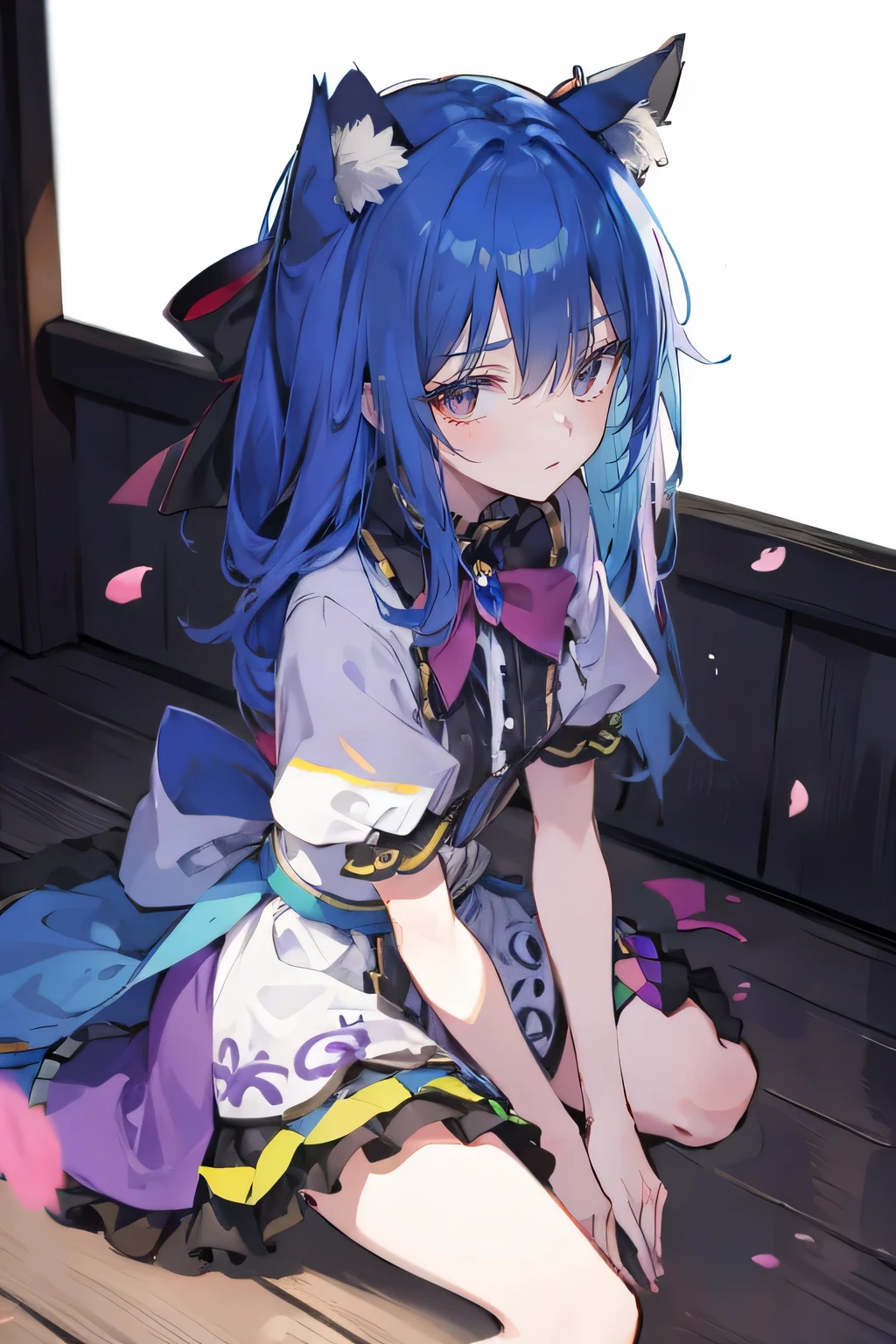 (masterpiece:1.2),ultra-detailed,realistic,expressive eyes,fair-skinned,perfectly shaped face,1girl,
Japanese cartoons,Gorgeous blue hair, flowing blue hair,floating clothes,cat ears,petals falling,beautiful Lola,Hina Angel,
hands on waist,gracefully sitting on the ground,legs crossed,gentle and serene background,cool and comfortable pavilion.