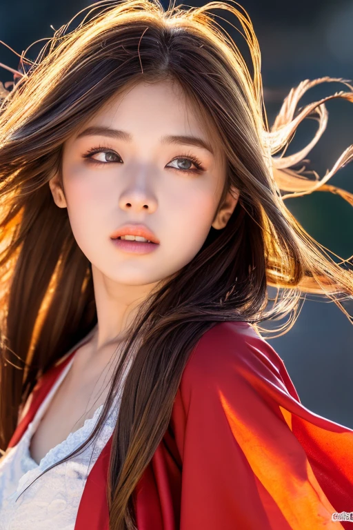 ((Hair blowing in the wind、No makeup:1.2))、(Realistic、Photorealistic、Very detailed、Best detailed skins、highest quality、masterpiece、超A high resolution)、Cute Russian Women、(whole body)、、Young female android、1 girl、Wearing metal armor、Red Eyes、city of the near future、Has bangs、Ash Blonde:1.7、double eyelid、Drooling eyes、Japanese style face、purity、Realistic肌タイプ、Fluffy hair、Red cheeks、The wind is blowing、night、illumination、big flame behind、Hair blowing in the wind