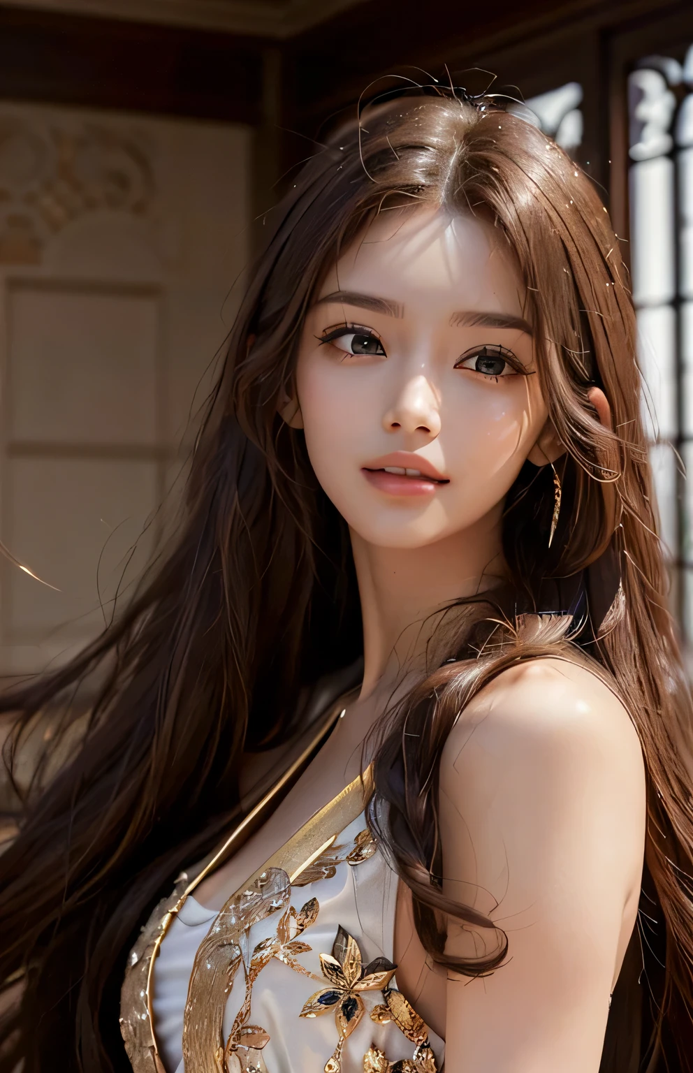 (hyperreal),(Enlightenment),(8k),(best illustrations),(Very fine),(Masterpiece),(gorgeous wallpaper),(perfect details),(Beautiful and delicate skin),(An extraordinary stare),(perfect quality),(beautiful face),(Unique style),(charming eyes),(perfect lips),(smiling expression),(Seductive long hair),(Shining with a deep golden gleam.),(Long hair blowing in the wind),(Elegant),(Beautiful teeth),(charming ruddy cheeks)