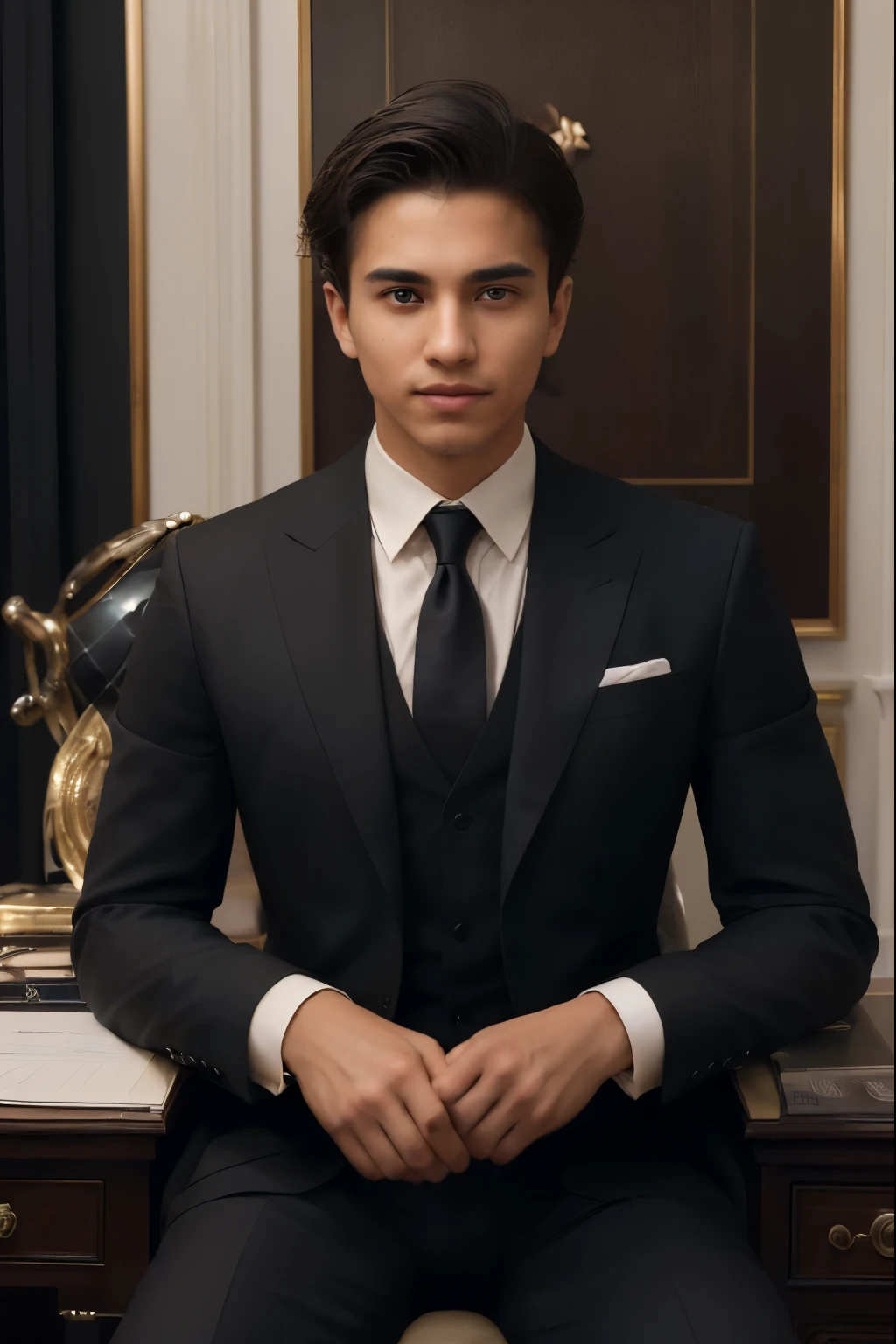 Title: "The Visionary at Work: Desk-bound Elegance"
Prompt:
In the spotlight of a lavishly appointed studio, a young man, aged between 20 and 25, sits poised behind an exquisitely crafted desk, his presence commanding the room. Dressed in a tailored suit that accentuates his athletic frame, he exudes an air of effortless confidence and refined masculinity. As the camera focuses on him, viewers are captivated by his striking features and magnetic charm. With each gesture, he exudes an aura of authority and sophistication, leaving no doubt about his place at the helm of success.
In this intimate setting, surrounded by the trappings of luxury, he is the epitome of modern elegance. With a keen eye for detail and a razor-sharp intellect, he navigates the challenges of the business world with grace and determination. But beneath his polished exterior lies a restless spirit, driven by ambition and a hunger for greatness.
As he addresses the camera, his words are imbued with passion and conviction, inspiring all who listen to believe in the power of their dreams. What drives this young visionary? What trials and triumphs have shaped his journey to success? Join him behind the desk as he shares his insights and aspirations, inviting viewers to glimpse the world through his eyes and embark on a journey of discovery and inspiration.