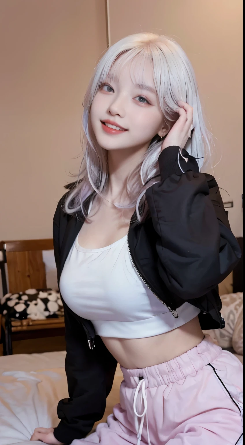Best image quality、RAW Photos、超A high resolution、21 years old Korean、Small breasts、Dynamic Angle、Cowboy Shot、Chaos in its most beautiful form、elegant、brutalism design、Vibrant colors、beautiful white hair、Short Bob、smile、fun、smile、Shiny white skin、Beautiful eyes with random colors、Very thin lips、Beautiful eyes in every detail、Long, narrow eyes、Light pink cheeks、Long eyelashes、Beautiful double eyelids、eye shadow、Bright white hair、Crop top、Black down jacket、Harem pants、Hands、Bright room、Chocolate motif、Shooting from the side、full body shot
