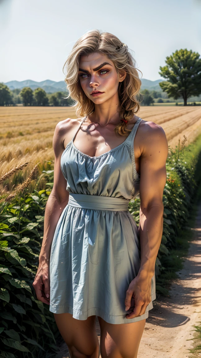 1girl, 20 years old, tall and attractive, wearing a cute country dress, hair braided, standing in a rustic farm setting. She has a soft, gentle smile and expressive eyes. In the background are charming barns, golden wheat fields and clear blue skies. The composition should be bathed in warm golden hour light, with soft depth of field and soft bokeh to accentuate the idyllic tranquility. Capture images as if they were shot on vintage 35mm film for added oomph, filmg,