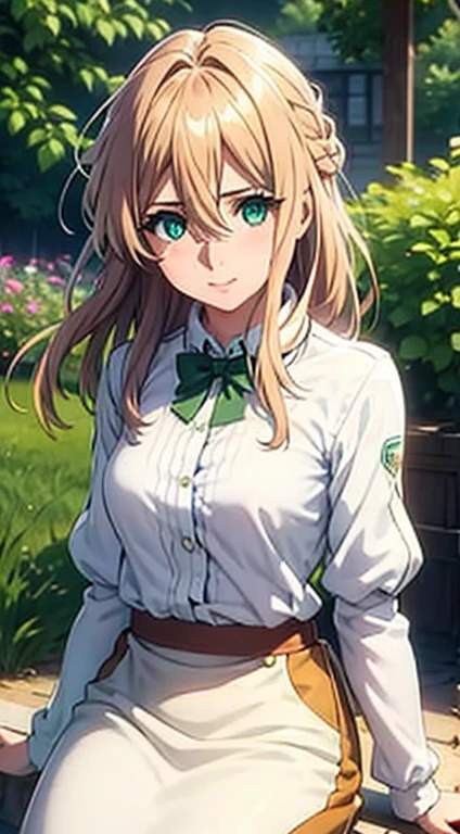 Cute Italian girl, , Italian lady, Model, long open hair, hair floating, green color full sleeve clothes, white apron, green eyes and yellow hair, short skirt, ultra realistic eyes , sunlight and garden background, bright purple eyes, ultra realistic detailed eyes, innocent eyes, looking at camera, beautiful smile, beautiful face ,uellow color hair