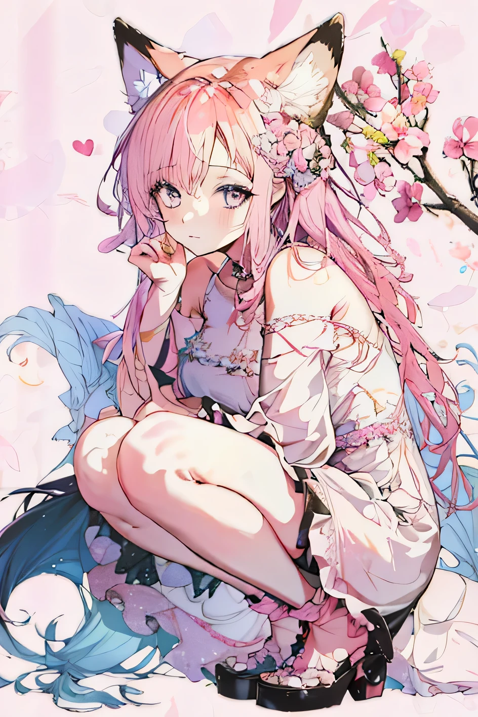 anime girl with pink hair and cat ears sitting on a flowered branch, anime visual of a cute girl, clean detailed anime art, beautiful anime girl, cute anime girl, pretty anime girl, anime girl, beautiful anime art style, beautiful anime artwork, anime illustration, beautiful anime art, beautiful anime portrait, digital art on pixiv, beautiful anime