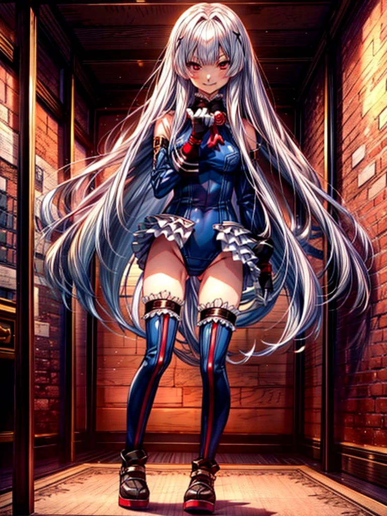 1 girl, ( (Digital) (8k ), medium breasts, (frilled swimsuit, thighhighs, detached sleeves)) , highest quality, marierose,1 girl,,,(Inside the futuristic base:1.2)