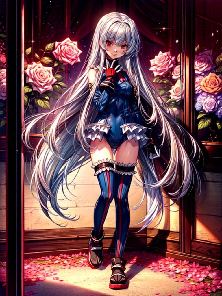 Perfect Anatomy, highest quality, rose,Wicked Smile,Provocative attitude
,(Dimly lit basement:1.1),Wicked Smile,Anime Style,(Frilled swimsuit, Knee socks, Removed sleeve), (Anime Style:1.4) ,
Silver Hair,(White fingers:1.1,Black gloves),Very long hair,evil aura,Rape Eye,Full body view