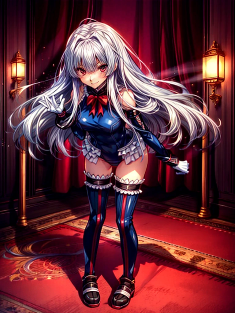 Perfect Anatomy, highest quality, rose,Wicked Smile,Provocative attitude
,(Dimly lit basement:1.1),Wicked Smile,Anime Style,(Frilled swimsuit, Knee socks, Removed sleeve), (Anime Style:1.4) ,
Silver Hair,(White fingers:1.1,Black gloves),Very long hair,evil aura,Rape Eye,Full body view