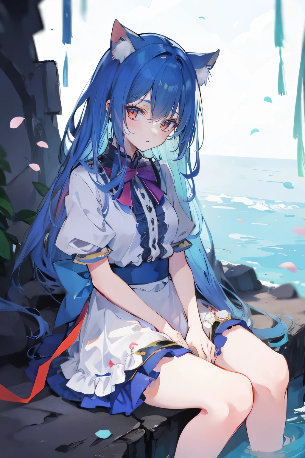 (masterpiece:1.2),ultra-detailed,realistic,expressive eyes,fair-skinned,perfectly shaped face,1girl,
Japanese cartoons,Gorgeous blue hair, flowing blue hair,floating clothes,cat ears,petals falling,beautiful Lola,Hina Angel,
hands on waist,gracefully sitting on the ground,legs crossed,gentle and serene background,cool and comfortable pavilion.