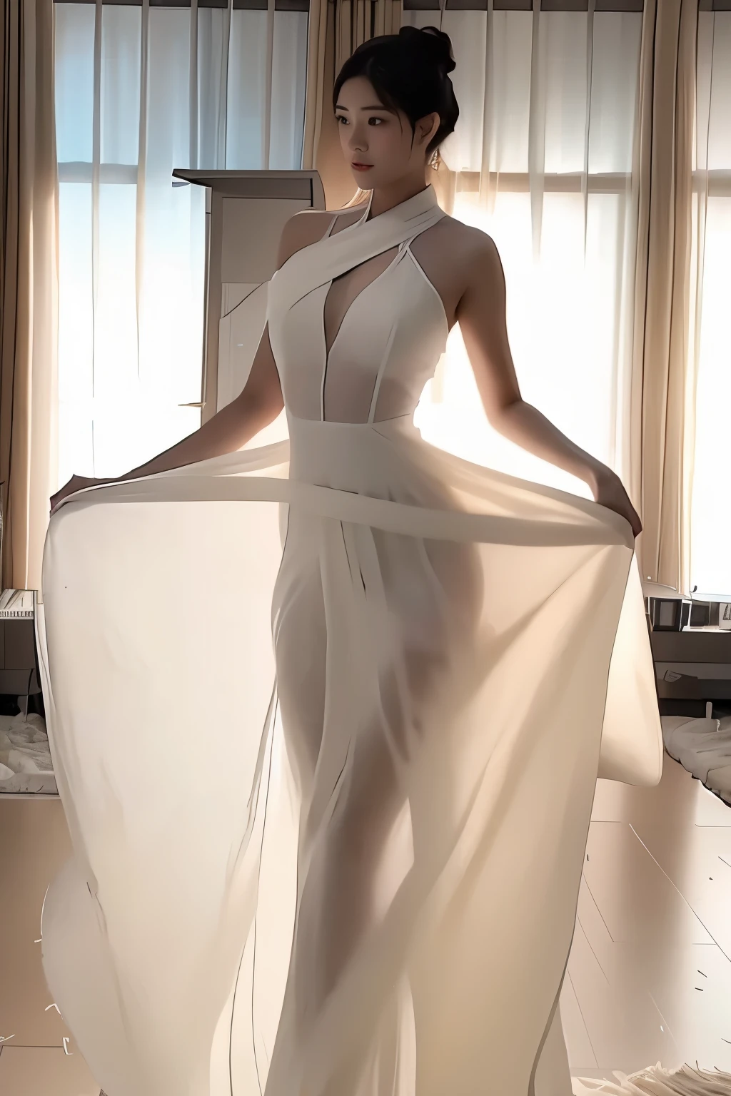 (masterpiece, best quality:1.2), 1girl, solo, delicate face, white-skinned female, see-through silhouette, white dress, full body, indoor