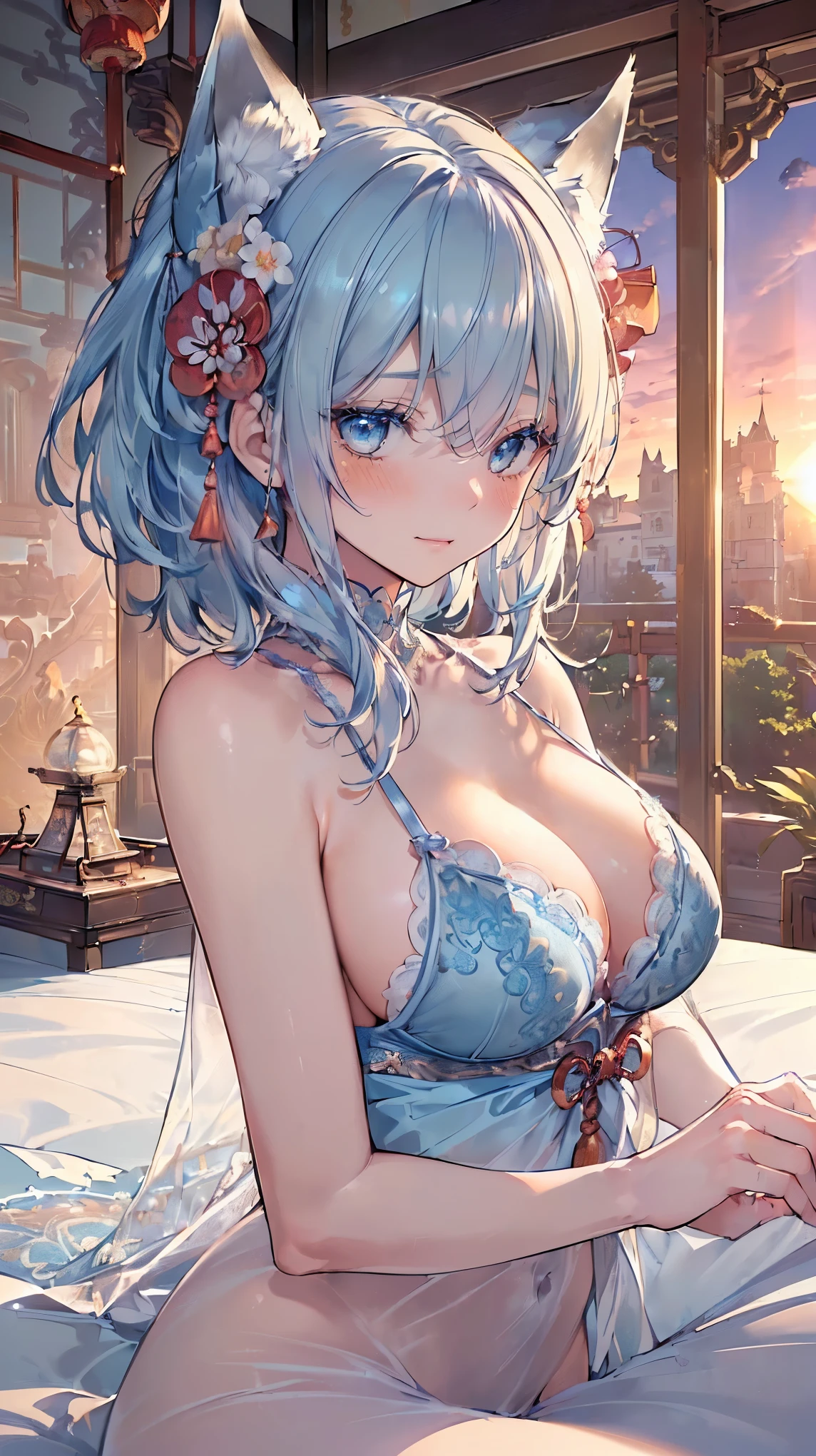 (((Masterpiece))), (((Highest quality))), ((Ultra-detailed)), ((Super fine illustration)), ((Ultra-fine painting)), (16K highest quality wallpaper:1.4), (Upper body:1.6), HDR, (Highly detailed and delicate illustration style:1.8), Detailed skin texture, Detailed cloth texture, Extreme detailed description, (T-masterpiece), (Highly detailed face:1.2), (Highly detailed fox ears:1.2), (Highly detailed shiny medium hair:1.2), (Highly detailed beautiful eyes:1.2), Original, RAW photo, Professional, Intricate details, Super details, Direct light:1.6, (Perfect anatomy:1.4), (Highly detailed hands:1.2), (Highly detailed fingers:1.2), (Highly detailed fingertips:1.2), (Sexy), (Sexy), (27-years-old), Real, (Solo:1.6), ((A very beautiful and attractive blue fox fashion model who is a messenger of God and a traditional Japanese sacred shrine maiden:1.4)) BRAKE (Absolutely perfect completely sleeping deeply on the Highly detailed stylish and luxurious bed:1.2) BRAKE (Beautiful and adorable Light-Blue fox ears:1.6), (Highly detailed and delicate Light-Blue fox ears:1.2), (Beautiful and well-shaped big breasts:1.2), (Beautiful and well-shaped buttocks:1.2), (Beautiful and shiny Light-Blue medium hair:1.6), (Highly detailed and delicate Light-Blue medium hair:1.4), (Beautiful clear blue eyes that shine with great detail:1.6), (Highly detailed and delicate blue eyes:1.2), (Highly detailed face:1.4), (Smile:1.4), (Blush:1.6), (Looking at viewer:1.4) BRAKE ((Bright Light-Blue:1.25) sexy lingerie bra:1.3), ((Bright Light-Blue:1.25) sexy lingerie panties:1.3), (Sexy lingerie bra and sexy lingerie panties only:1.6), ((The color of the sexy lingerie is Bright Light-Blue:1.6)) BRAKE (Highly detailed Stylish and luxurious bedroom:1.2), (Highly detailed stylish and luxurious bed:1.2) BRAKE (Just after sunrise:1.5), (Intricate and detailed Beautiful sunrise and castle garden scenery:1.6), (Highly detailed and delicate luxury bedroom and bed in the background:1.4) BRAKE (NSFW) BRAKE
