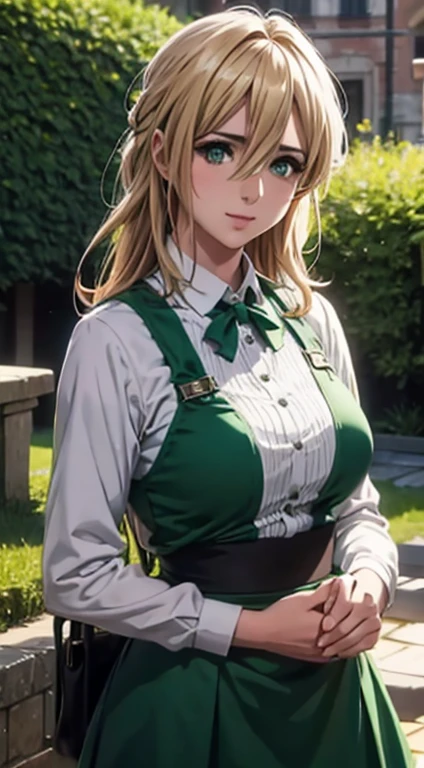 Cute Italian girl, big breasts , Italian lady, Model, long open hair, hair floating,  green color full sleeve clothes, white apron, green eyes and yellow hair, short skirt, ultra realistic eyes , sunlight and garden background, bright purple eyes, ultra realistic detailed eyes, innocent eyes, looking at camera, beautiful smile, beautiful face ,uellow color hair